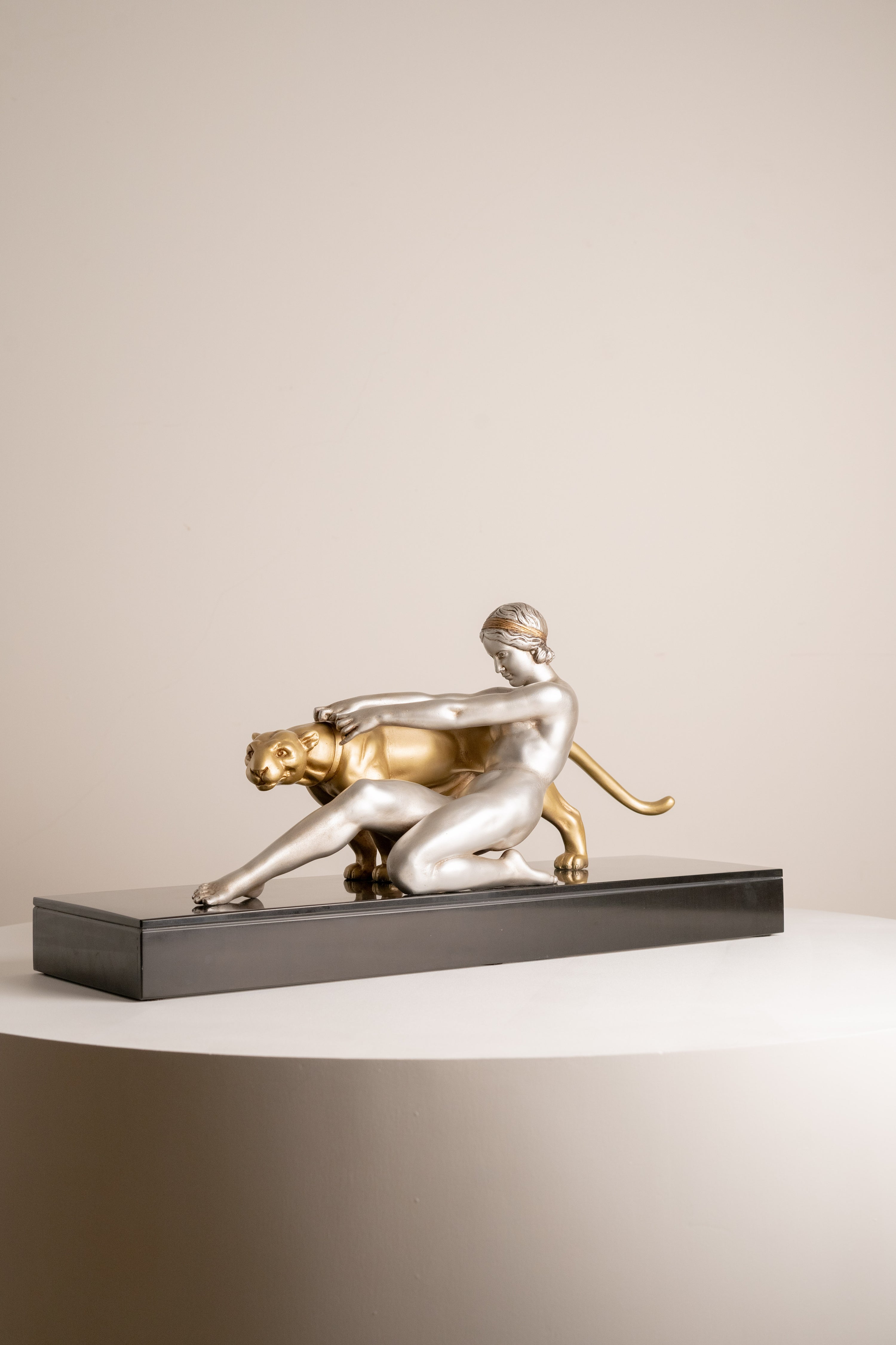 Alexandre Ouline - Large Statue - Woman with Panther - Art Deco
