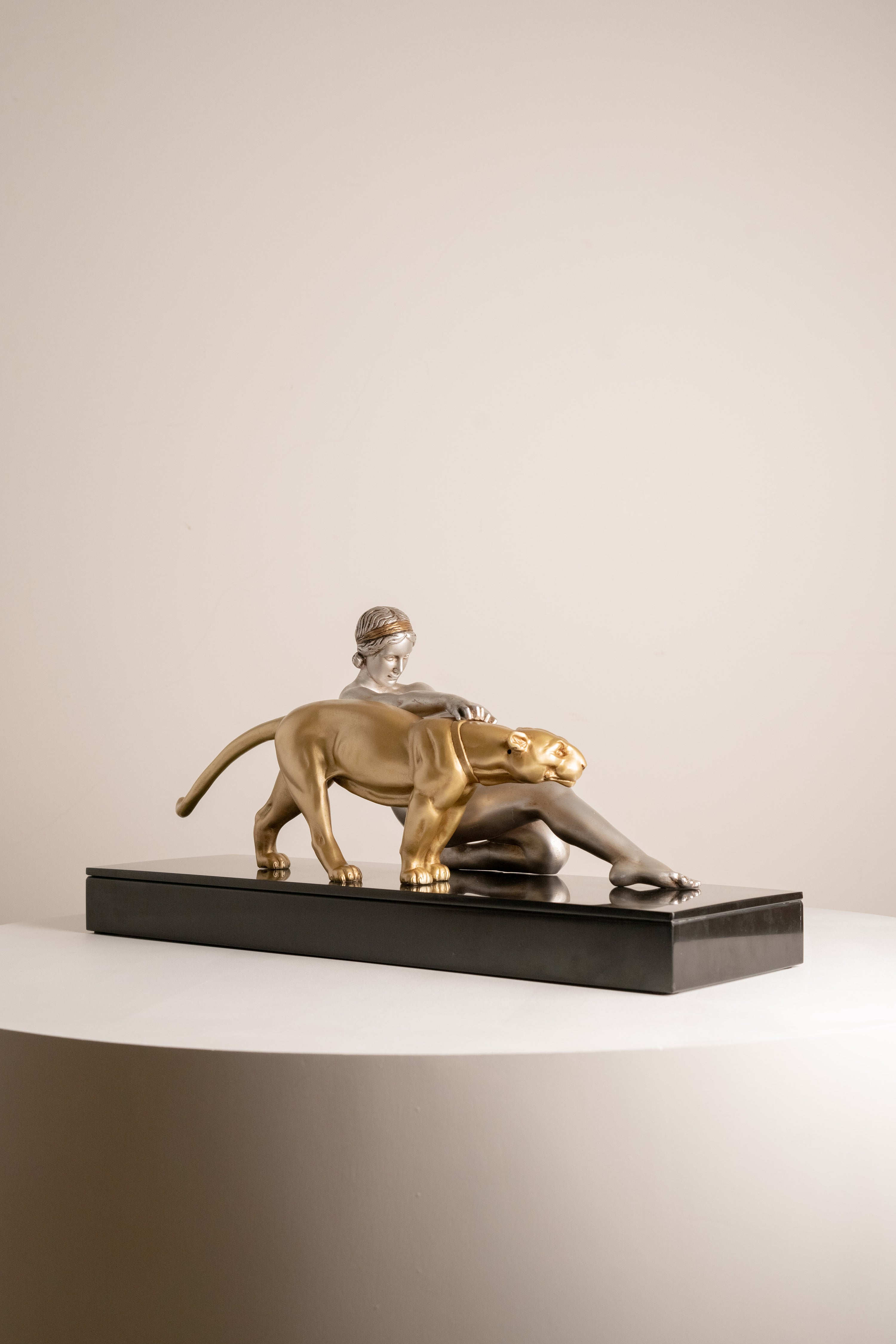 Alexandre Ouline - Large Statue - Woman with Panther - Art Deco