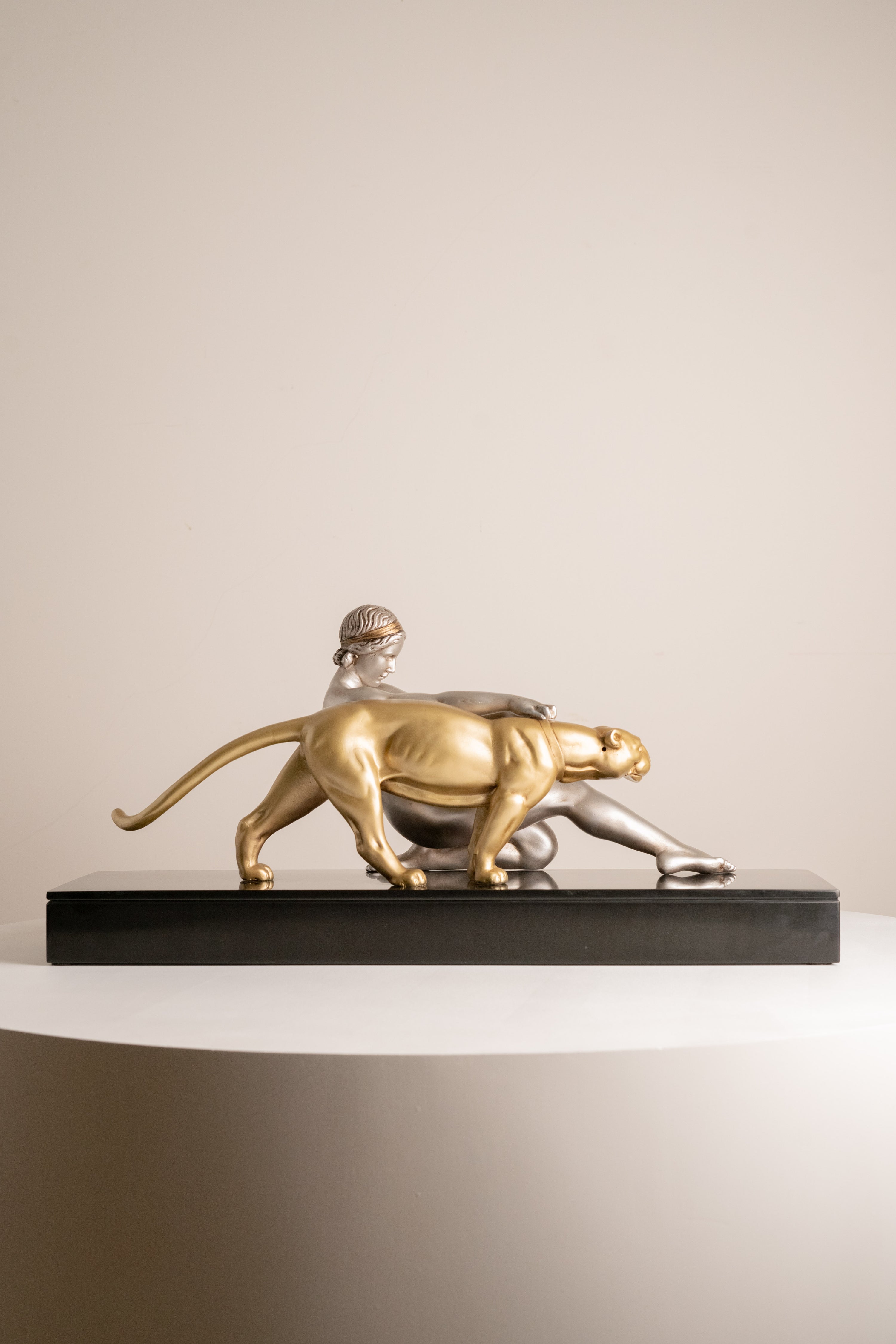 Alexandre Ouline - Large Statue - Woman with Panther - Art Deco