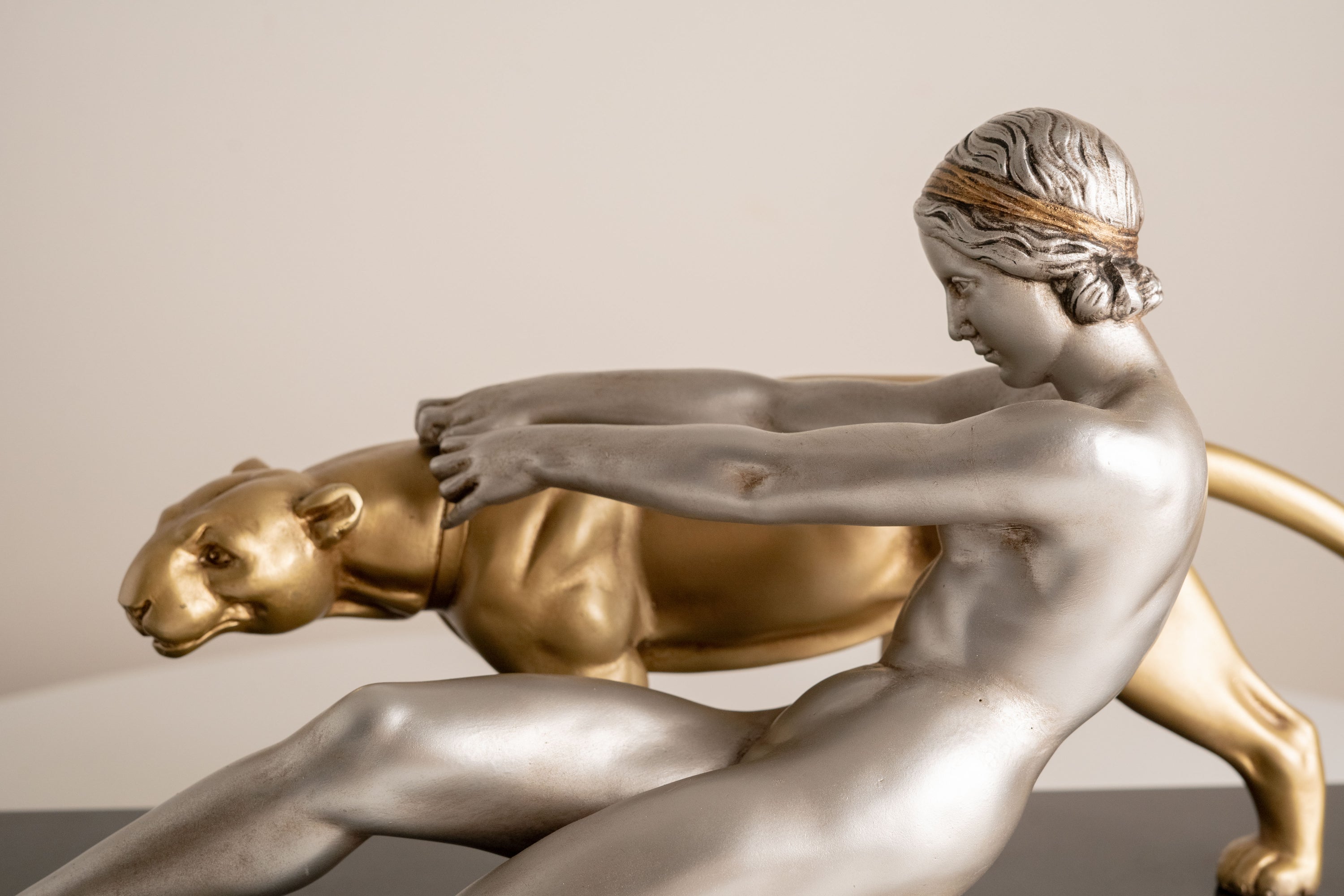 Alexandre Ouline - Large Statue - Woman with Panther - Art Deco